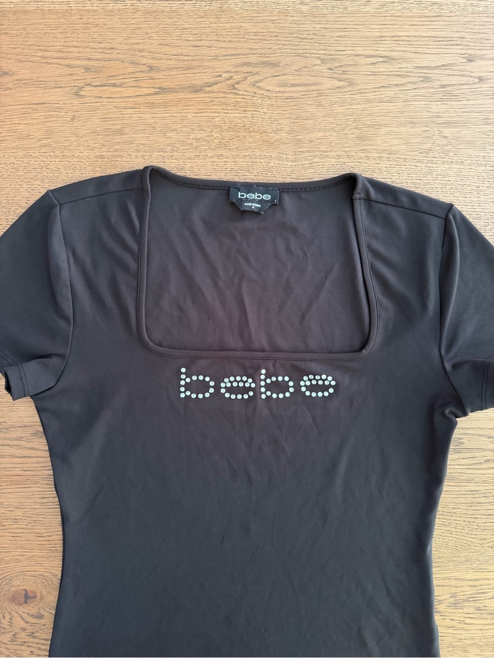 Bebe Black Rhinestone Logo Square Neck Stretch Top Y2K Fitted Tee Size M - Picture 3 of 6